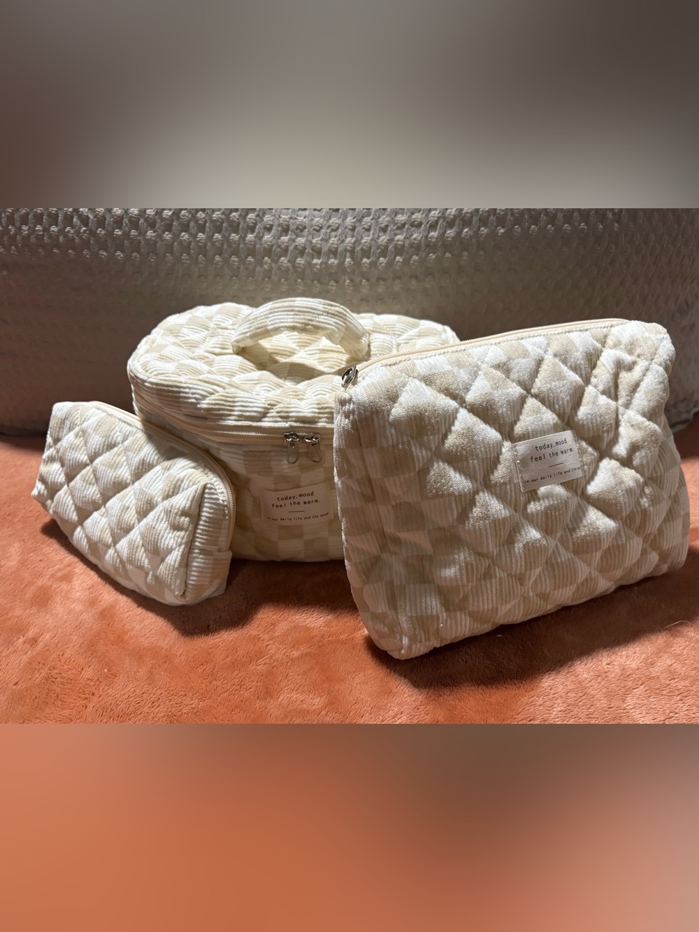 Padded Cream & Beige Quilted 3 Piece Cosmetic Case